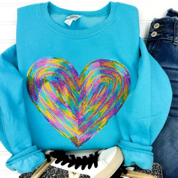 Holographic Heart Sequin Patch Sweatshirt (L) - Scuba Blue / NEW - Picture 1 of 2
